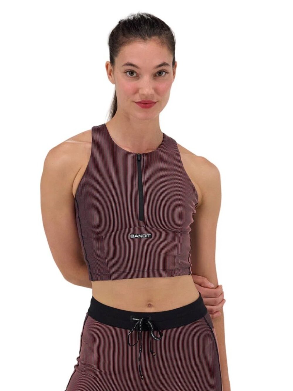 Bandit Women's Ribbed Zip-Front Sports Bra Crop Top in Burgundy
